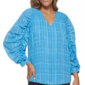 Calvin Klien - Gathered Sleeve Sheer Plaid Blouse - XL